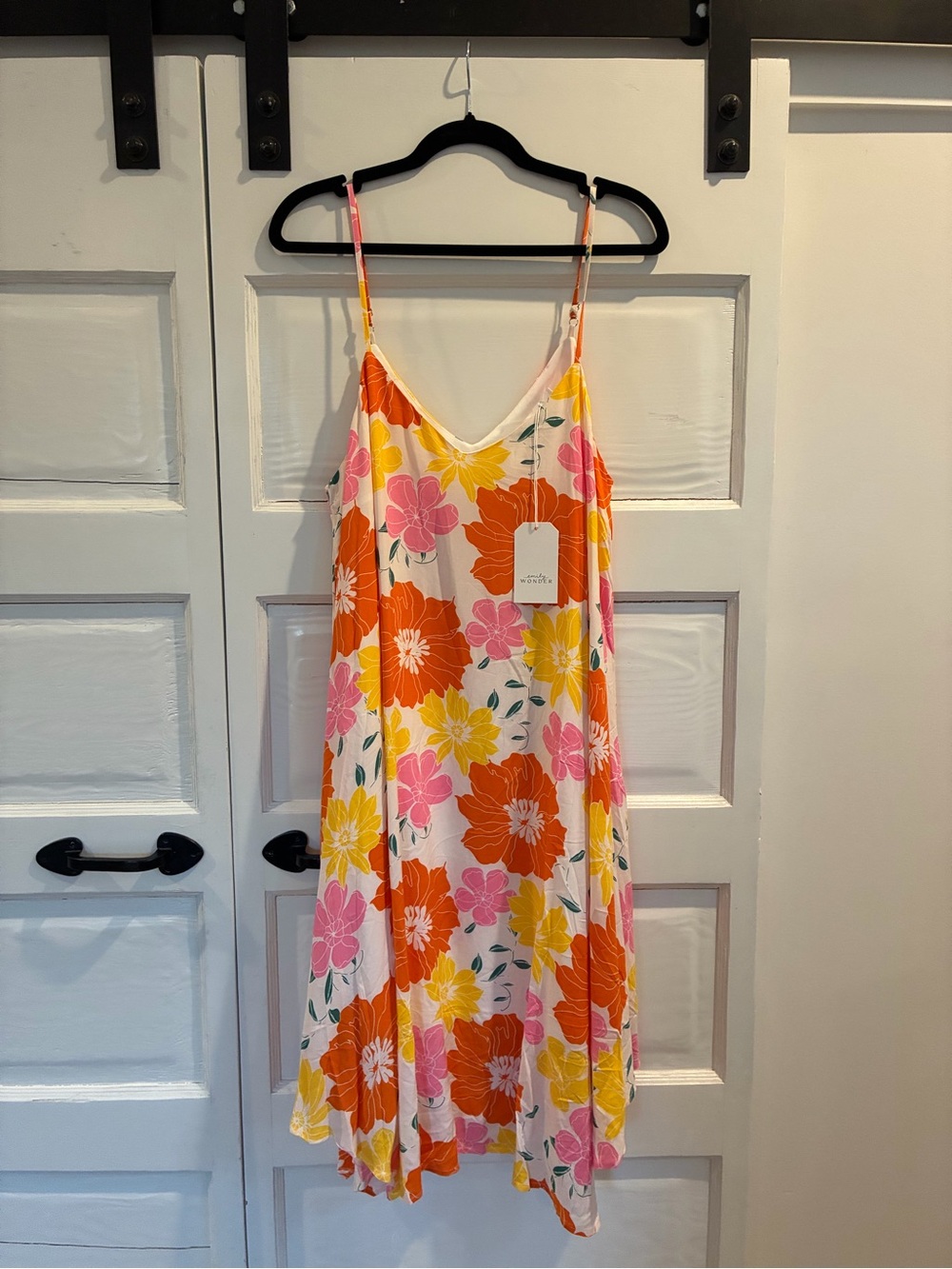 Floral V-Neck Midi Slip Dress in Pink, Orange & Yellow
